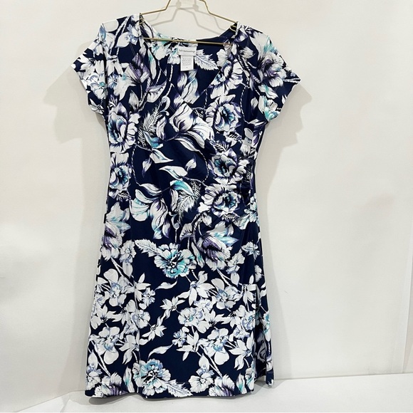 Soft Surroundings Faux Wrap Blue Floral Flutter Mini Dress Size Medium - Picture 1 of 13